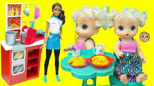 Baby Alive Eats Play Doh Food With Chef Barbie Doll Change Diaper Kids Toy Video