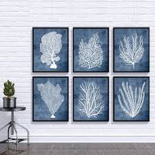 Navy Blue Wall Art Bathroom Sea Coral Prints Beach House Etsy In 2020 Navy Blue Wall Art Blue Wall Art Beach House Wall Decor
