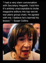 When she voted to acquit in Trump's 2021 impeachment, she said "I think  he's learned his lesson." Susan Collins is a full blown idiot Now now Petey  did you learn your lesson