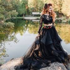 Https Www Ebay Com Itm Gothic Black Two Pieces Wedding Dresses Tiered Lace Top P Prom Dresses Long Black Black Long Sleeve Prom Dress Two Piece Wedding Dress