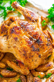 Sheet Pan Whole Roasted Chicken And Potatoes Averie Cooks Recipe Roasted Chicken And Potatoes Whole Roasted Chicken Roasted Chicken