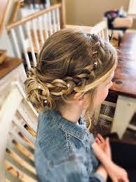Bridesmaid Low Bun Updo With Side Briad Junior Bridesmaid Hair Flower Girl Hairstyles Bridesmaid Hair