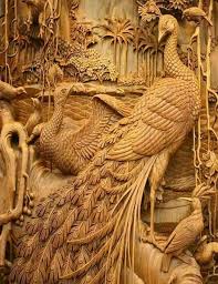 Amazing Stunning Beautiful Gorgeous Peacocks Carved Into Wood With Additional Trees Flowers Vines And O Wood Carving Art Eagle Painting Wood Sculpture