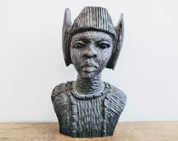 Vintage African Hand Carved Ebony Wood Bust Sculptures Head Set of 2  *DETAILS*