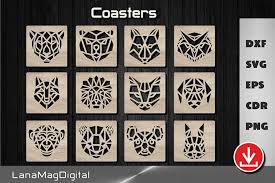 Download 12 Geometric Animal Coaster Svg Fathers Day Gift Idea 1393808 Laser Engraving Design Bundles