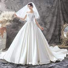 Maybe you would like to learn more about one of these? Modest Simple Ivory Satin Bridal Wedding Dresses 2020 Ball Gown Off The Shoulder Short Sleeve Backless Chapel Train