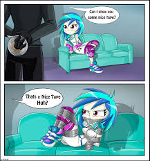 1166259 - suggestive, semi-grimdark, vinyl scratch, dj pon-3, female,  breasts, equestria girls, comic, commission, fetish, bondage, signature,  gag, couch, pun, tied up, sneakers, busty vinyl scratch, tape gag, knee  tied, duct tape,