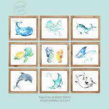 Baby Ocean Animals Set Of 9 Nautical Themed Nursery Ocean Prints Ocean Themed Bathroom Boy Nurse Ocean Themed Nursery Ocean Nursery Decor Ocean Nursery Art