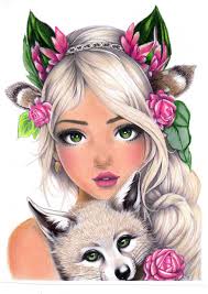 Artist MimiColorsCo "Fairies with wolves" Etsy Store Mediums Various  pencils and a gold gel pen. Colourist Joan Antliff