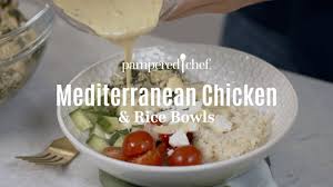 Juicy chicken thighs are soaked in a citrusy, lemon dijon marinade then baked with fluffy rice. Quick Cooker Mediterranean Chicken Rice Bowls Pampered Chef Youtube