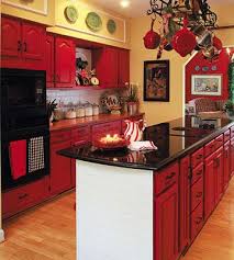 It S Always Christmas Cheery In A Red Kitchen Check Out The White Faux Brick On The Island And Backsplash Red Kitchen Cabinets Red Kitchen Country Kitchen