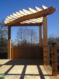 Deck With Pergola And Stainless Steel Railings M E Contracting Toronto Landscaping Design Decking Pool Constru Outdoor Pergola Deck With Pergola Pergola