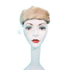 Vintage 1950s Tan Fur Pillbox Hat Lady Bess Mauve Satin Netted Round