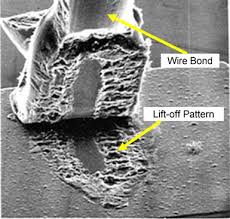 전자현미경(SEM)으로 확대한 이상적인 골드 볼 본딩 형상, 볼이 패드 중앙에 납작하게 잘 눌려있고(Mashed), 금속간 화합물(IMC)이 고르게 형성된 모습