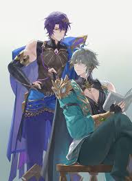 helen zzhao, alhaitham (genshin impact), dr. ratio (honkai: star rail),  genshin impact, honkai: star rail, honkai (series), highres, 2boys, black  gloves, black shirt, blue hair, book, cleavage cutout, closed mouth,  clothing cutout,