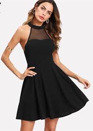 Mesh Yoke Open Back Skater Dress Female Black A Line Button Short Dress Halter Sleeveless Fit And Flare Dre Casual Evening Dresses Fit And Flare Dress Fashion