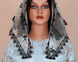 Black Flower Embroidered Lace Mantilla: Catholic Church Veil, Latin Mass  Head Coverings