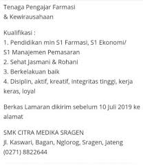 7:49 am | diposting oleh smk citra medika sragen | | edit entri. Lowongan Kerja Smk Citra Medika Sragen Juni 2019