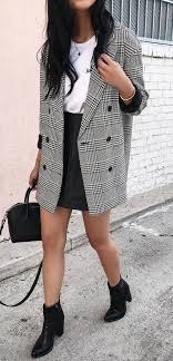 Black And White Plaid Blazer And Skirt Fashionable Outfit Plaid Blazer White Tee Black Skirt Bag Boots Chic Outfits Fashion Clothes