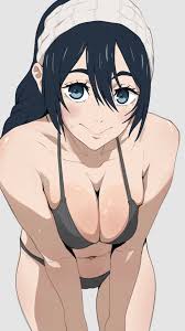 makkori (utoxrjimlx8x49s), amanai riko, jujutsu kaisen, highres, 1girl,  bare shoulders, bikini, black bikini, black hair, blue eyes, breasts,  cleavage, collarbone, grey background, hair between eyes, large breasts,  leaning forward, long hair, looking
