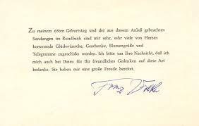 Gedruckte Danksagungskarte Fur Gluckwunsche Zum 65 Geburtstag 1964 Mit Eigenhandiger Unterschrift De Volker Franz Deutscher Tenor 1899 Neu Isenburg 1965 Darmstadt Antiquariat Les Art