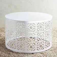 Handcrafted mango wood round coffee table, drum table. Round Trellis White Metal Coffee Table