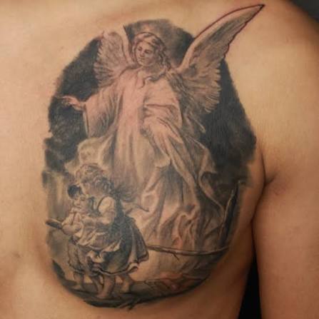 Done by @hktrippo 👼 A powerful guardian piece brought to life 🕊️ This black and grey realism tells a story of protection, faith, and guidance — an angel watching over a child,