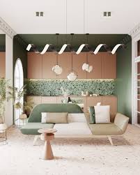 Terrazzo Flat Interior Design Green Peach Kitchen Studio Living Room Loft Interior Design House Interior