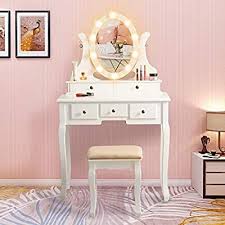Vasagle vanity set with 10 light bulbs and touch switch, dressing makeup table desk with large round mirror, 2 sliding drawers, 1 cushioned stool for bedroom, bathroom, black urdt11bl. Amazon Com Vanity Table Set With Lighted Mirror Makeup Dressing Table And Cushioned Stool Set With 5 Larg Vanity Table Set Vanity Table Makeup Dressing Table