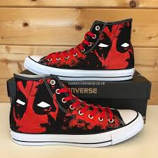 Black And Red Converse High Tops Deadpool High Tops With Red Laces Converse Customconverse Deadpool Chucks Allstars Customshoes Deadpool2 Handpain Marvel Shoes Converse Custom Converse
