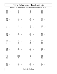 Simplify Improper Fractions To Lowest Terms Easier Version A Improper Fractions Fractions Worksheets Decimals Worksheets