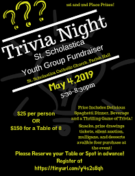 To connect with trivia nights, join facebook today. St Scholastica Erie St Scholastica Youth Group Fundraiser