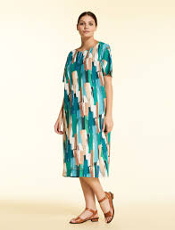 Marina Rinaldi Dodici Green Printed Cotton And Linen Dress Marina Rinaldi Linen Dresses Linen Dress