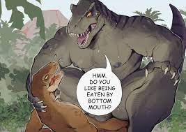 abs amber sclera anal anal sex anthro balls big muscles big sub  small top claws countershade torso countershading dialogue dinosaur duo  english text genitals grey body grey scales hi