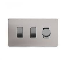 A simple and elegant solution designed to match your existing designer style switches and accessories. Soho Lighting Brushed Chrome White 3 Gang Light Switch With 1 Dimmer 2x 2 Way Switch 250w Trailing Dimmer Screwless Elesi