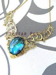 Blue Galactic Storm Glass Opal Vintage Gold Pendant Necklace Galaxy Glass On Lace Pattern Filigree Necklace Glass Opal Funky Jewelry Purple And Gold Wedding
