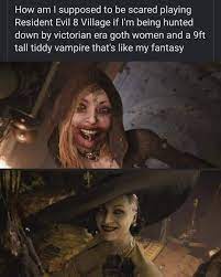 Memes only accepted on mondays; Resident Evil Resident Evil Village Re8 Lady Dimitrescu Tall Vampire Lady Gaming Video Games Meme Funny Catchymemes
