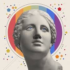 Art collage with antique sculpture of Venus face and LGBT flag. Pop art  style. Zine culture. Lesbian Gay Bisexual Transgender. Rainbow love  concept. Human rights and tolerance.