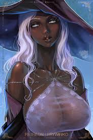 prywinko, recluse (elden ring), elden ring, elden ring nightreign, highres,  paid reward available, 1girl, artist name, blue eyes, breasts, cleavage,  collarbone, covered erect nipples, dark-skinned female, dark skin, hat,  large breasts, long