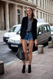 Black Ankle Boots With Blue Jeans Irina Kulikova Wearing Black Blazer Grey Crew Neck T Shirt Blue Denim Shorts Black Suede Ankle Boots Fashion Paris Fashion Week Street Style Fashion Week