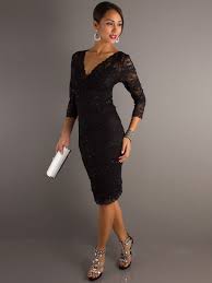 Black Wedding Dresses Black Lace V Neckline Three Quarter Sleeves And Sequined Trim Wedd Cocktail Dress Lace Black Lace Cocktail Dress Knee Length Lace Dress