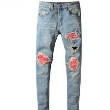 Black And Red Jeans Men Men S Red Printed Patch Biker Jeans For Moto Skinny From Hype Project In 2020 Ripped Biker Jeans Stretch Denim Pants Ripped Jeans Men