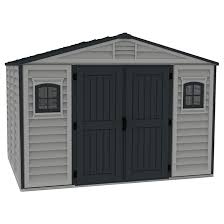This wooden garden shed is an ideal outdoor storage for items such as watering can, hoses, spades, pots. Duramax Woodbridge Garden Shed 10 5 X 8 Grey Dark Grey 20225 Rona