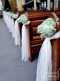 Babies Breath And Blush Tulle Wedding Ceremony Pew End Decorations Our Lady Of Victories I Wedding Church Decor Church Wedding Decorations Wedding Decorations