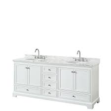 Wyndham collection sheffield 72 inch double bathroom vanity in white, white carrara marble countertop, undermount square sinks, and 70 inch mirror. Wyndham Collection Deborah 80 In Double Bathroom Vanity In White With Marble Vanity Top In White Carrara With White Basins Wcs202080dwhcmunomxx The Home Depo Double Sink Bathroom Vanity Bathroom Vanity Tops