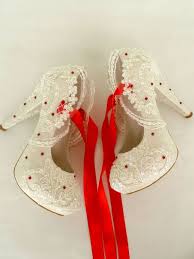Wedding Shoes Bridal Shoes Embroidered Ivory Lace With Red Ribbons Pearls And Rhinestones 5 Red Wedding Shoes Wedding Shoes Lace Rhinestone Wedding Shoes