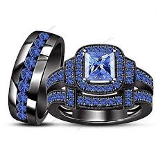 Blue Sapphire 14k Black Gold Bridal Wedding His And Hers Band Trio Rose Gold Wedding Band Diamond Sapphire Engagement Ring Blue Wedding Rings Sets His And Hers