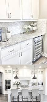 The tall upper white cabinets in this kitchen seen on homepolish makes the most of the high ceilings. Butlers Pantry With Herringbone Backsplash Tile Best White Kitchen Cabinet Decor Ideas Kitchenc In 2020 Kitchen Remodel Small Kitchen Cabinets Decor Kitchen Remodel