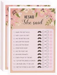 Amazon Com Floral Bridal Shower Games He Said She Said Guess Game 50 Sheet Rustic Wedding Game Cards Party Supplies For Bachelorette Party And Wedding 50 Vintage Cards Included 5 X 7