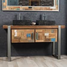 Meuble Double De Salle De Bain Factory Teck Metal 140 Cm Meuble Sous Lavabo Meuble Salle De Bain Meuble Sous Vasque Bois